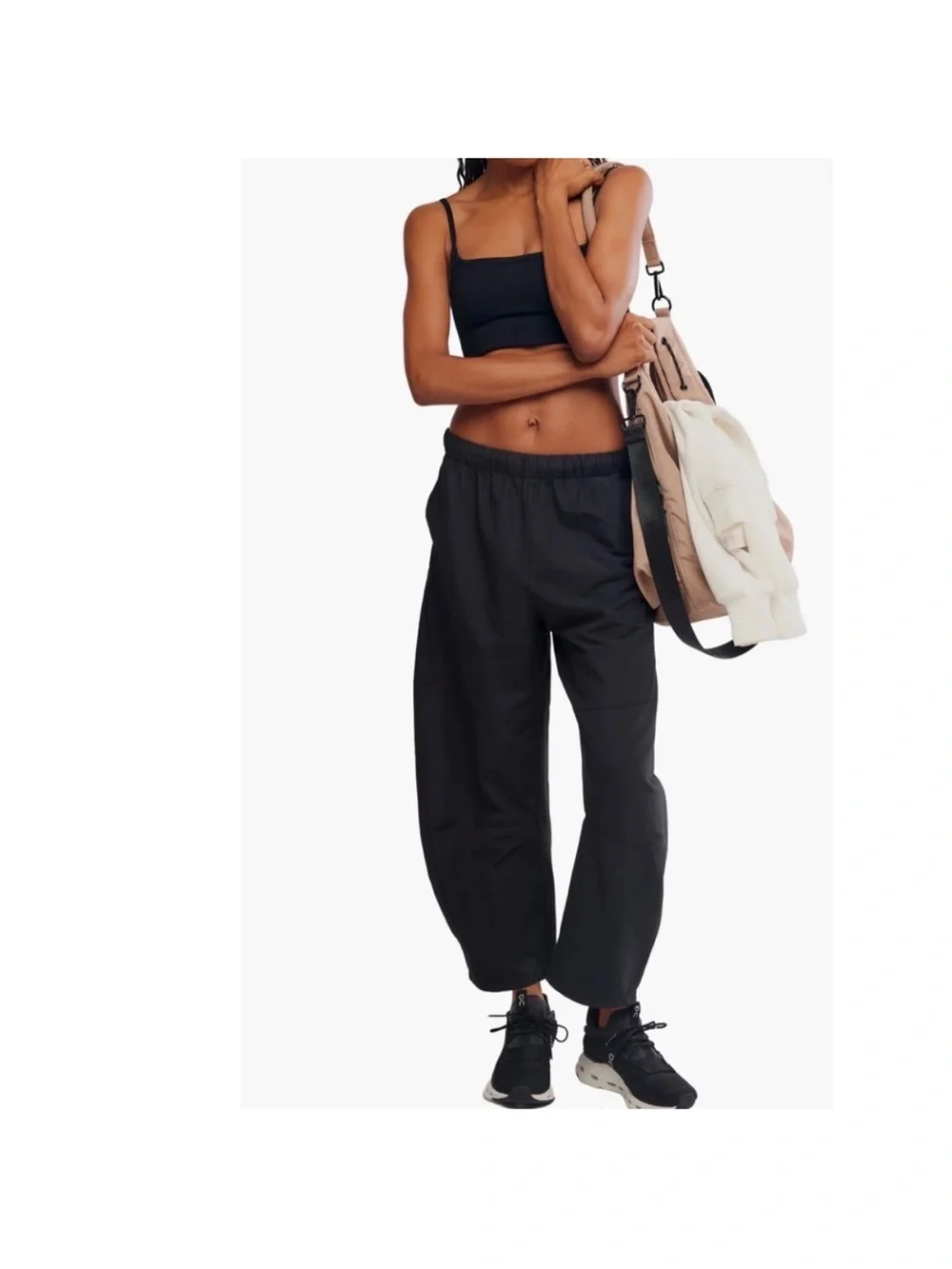 Free People FP Movement Game Day High Rise Barrel Leg Pants Black Parachute